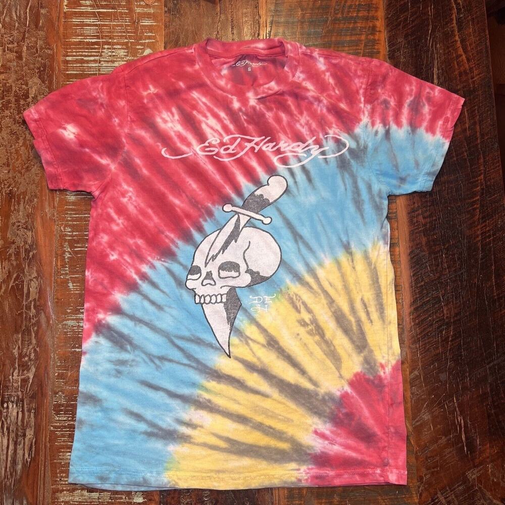Ed Hardy T-Shirt Women's Small Aqua Cotton Tie-Dye Skull Knife Graphic Vintage